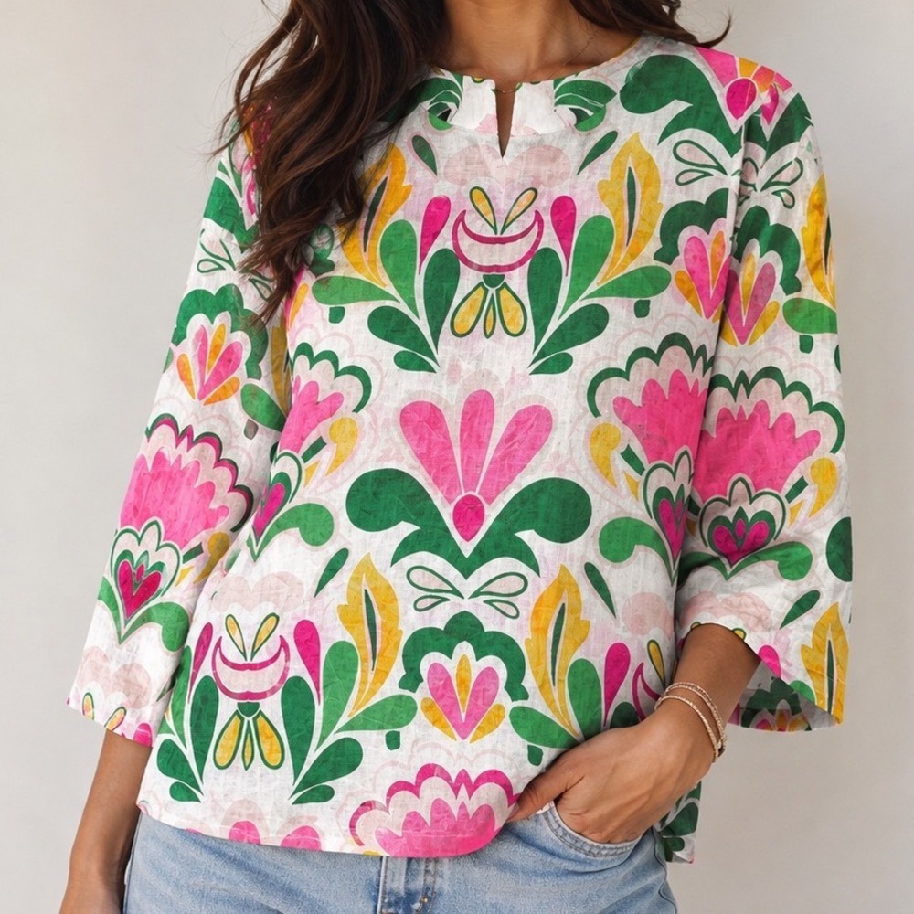 Boden Womens Pink Green Floral Linen Blouse 3/4 Sleeve Top Size US 6 UK 10